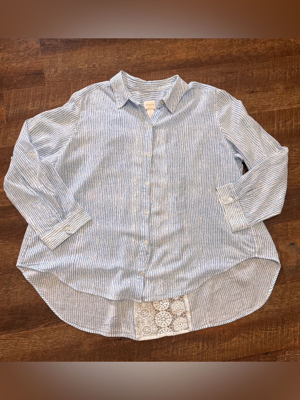 Chicos Blue & White Striped Sheer Cotton Button Front High Low Top Size 2 Large
